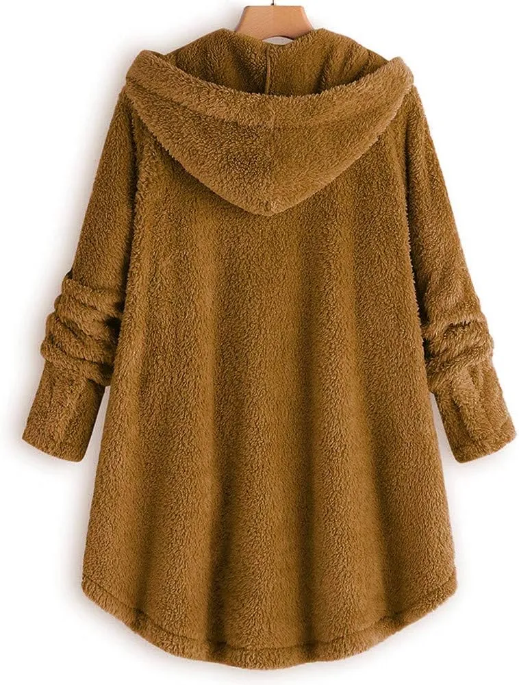 PeQAQ Women's 2023 Winter Sweater Coat Plus Size Warm Soft Fleece Jackets Button Patchwork Hooded Fuzzy Windbreaker Overcoat