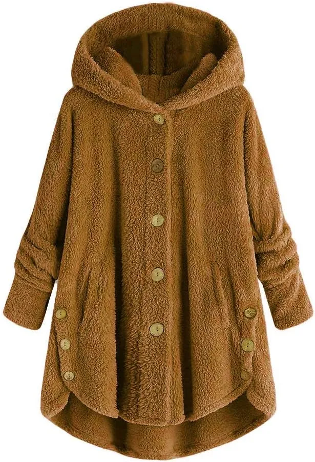 PeQAQ Women's 2023 Winter Sweater Coat Plus Size Warm Soft Fleece Jackets Button Patchwork Hooded Fuzzy Windbreaker Overcoat