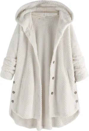 PeQAQ Women's 2023 Winter Sweater Coat Plus Size Warm Soft Fleece Jackets Button Patchwork Hooded Fuzzy Windbreaker Overcoat