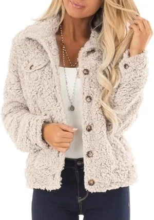 PeQAQ Womens Sherpa Fleece Coats Winter Warm Soft Button Up Woolen Jackets Fuzzy Shacket Plus Size Short Outwear Cardigan