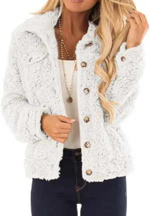 PeQAQ Womens Sherpa Fleece Coats Winter Warm Soft Button Up Woolen Jackets Fuzzy Shacket Plus Size Short Outwear Cardigan