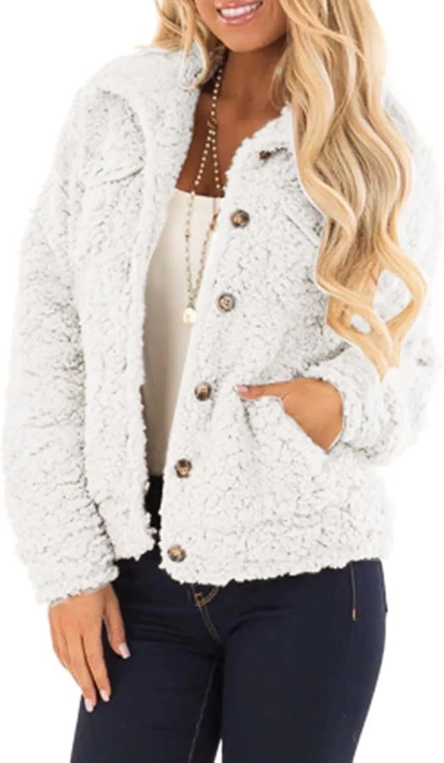 PeQAQ Womens Sherpa Fleece Coats Winter Warm Soft Button Up Woolen Jackets Fuzzy Shacket Plus Size Short Outwear Cardigan