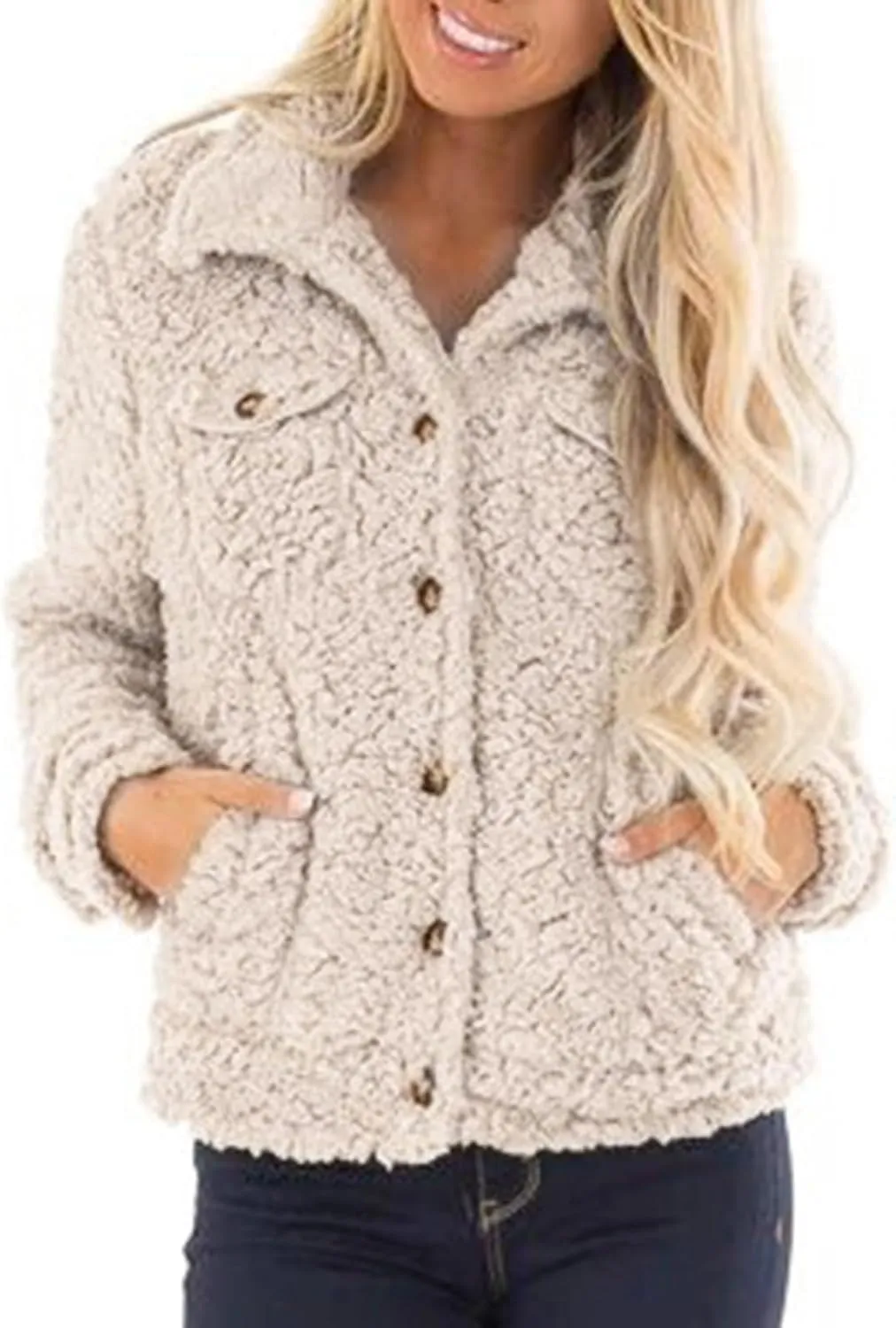 PeQAQ Womens Sherpa Fleece Coats Winter Warm Soft Button Up Woolen Jackets Fuzzy Shacket Plus Size Short Outwear Cardigan