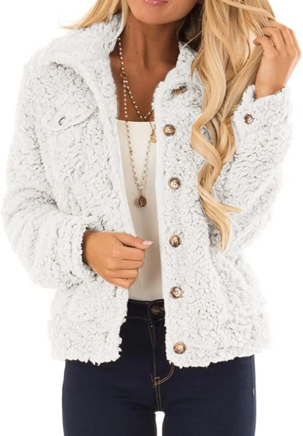 PeQAQ Womens Sherpa Fleece Coats Winter Warm Soft Button Up Woolen Jackets Fuzzy Shacket Plus Size Short Outwear Cardigan