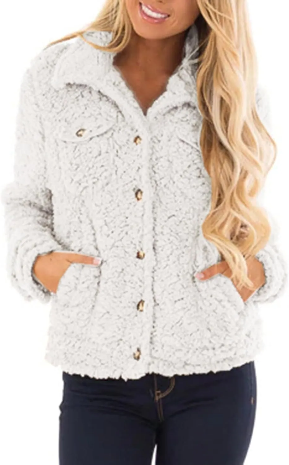 PeQAQ Womens Sherpa Fleece Coats Winter Warm Soft Button Up Woolen Jackets Fuzzy Shacket Plus Size Short Outwear Cardigan