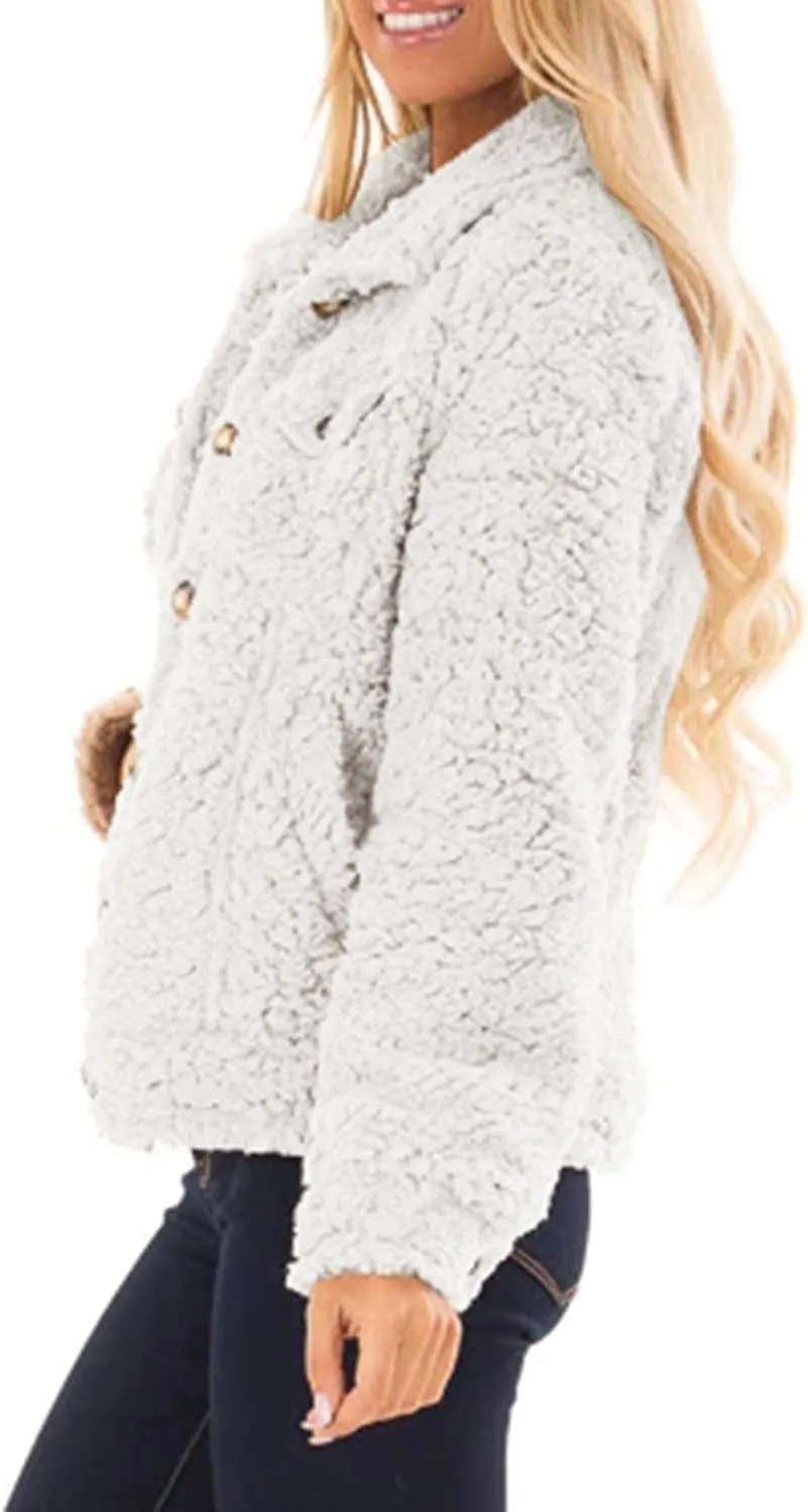 PeQAQ Womens Sherpa Fleece Coats Winter Warm Soft Button Up Woolen Jackets Fuzzy Shacket Plus Size Short Outwear Cardigan