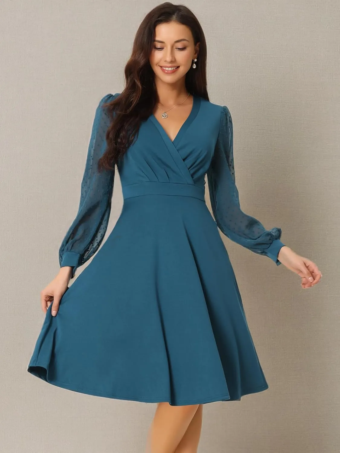 Seta T Women's Long Sleeve Wrap Dresses V Neck Elegant Cocktail Party Work Knee Length Dress with Pockets