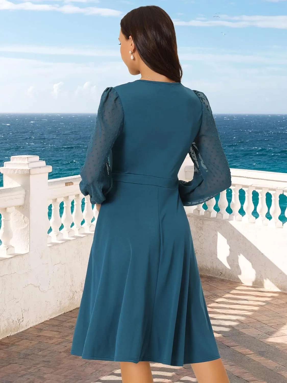 Seta T Women's Long Sleeve Wrap Dresses V Neck Elegant Cocktail Party Work Knee Length Dress with Pockets