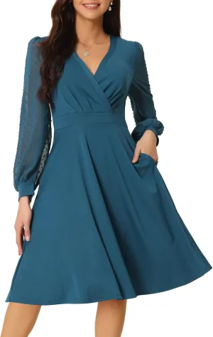 Seta T Women's Long Sleeve Wrap Dresses V Neck Elegant Cocktail Party Work Knee Length Dress with Pockets