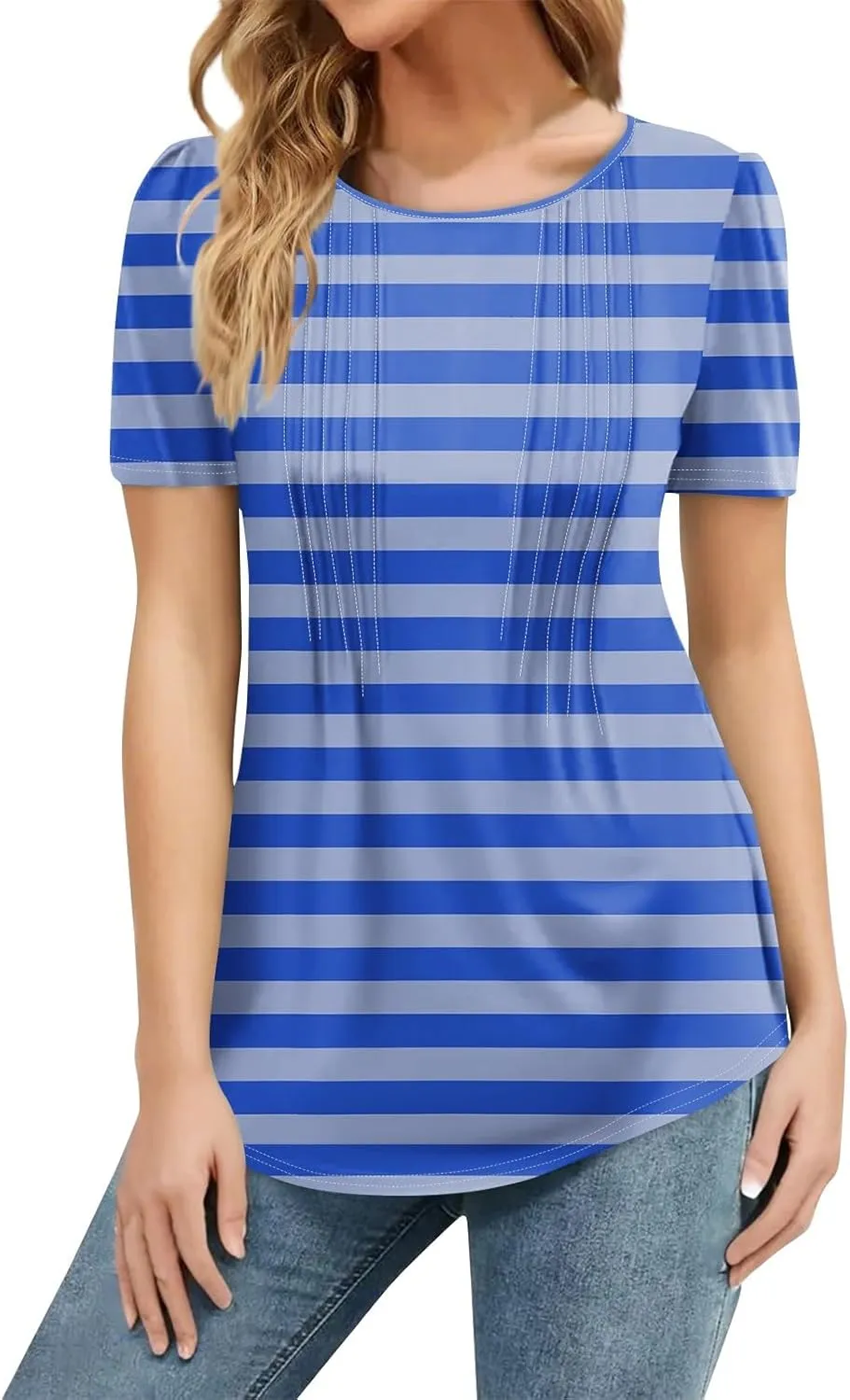 Short Sleeve Tops for Women Summer 2025 V Neck Dressy Casual Blouses Loose Shirts Pleated Tunic Tops Printed Basic Tees