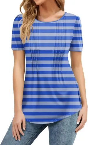 Short Sleeve Tops for Women Summer 2025 V Neck Dressy Casual Blouses Loose Shirts Pleated Tunic Tops Printed Basic Tees