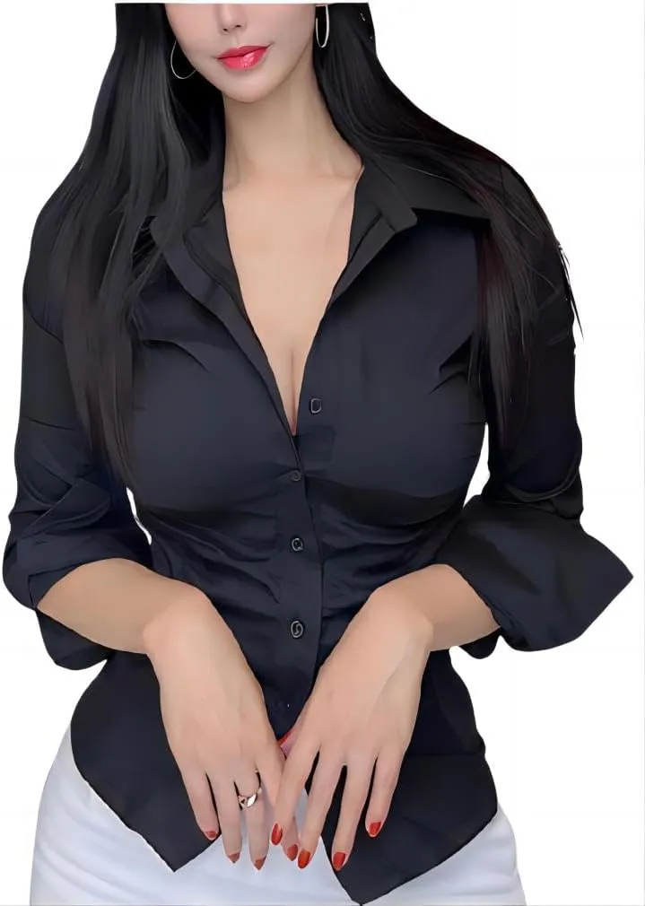 Slim Fitting Sexy Long Sleeved Shirt with Row Collar and Button Pleated Waist for Women's Shirt