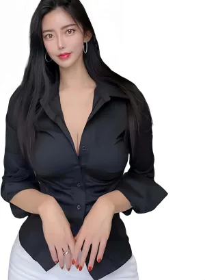 Slim Fitting Sexy Long Sleeved Shirt with Row Collar and Button Pleated Waist for Women's Shirt
