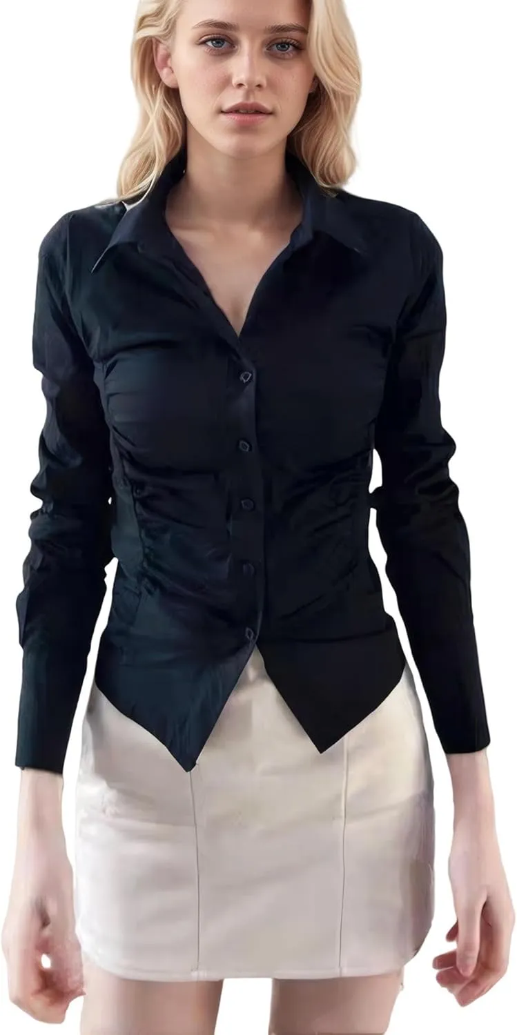 Slim Fitting Sexy Long Sleeved Shirt with Row Collar and Button Pleated Waist for Women's Shirt