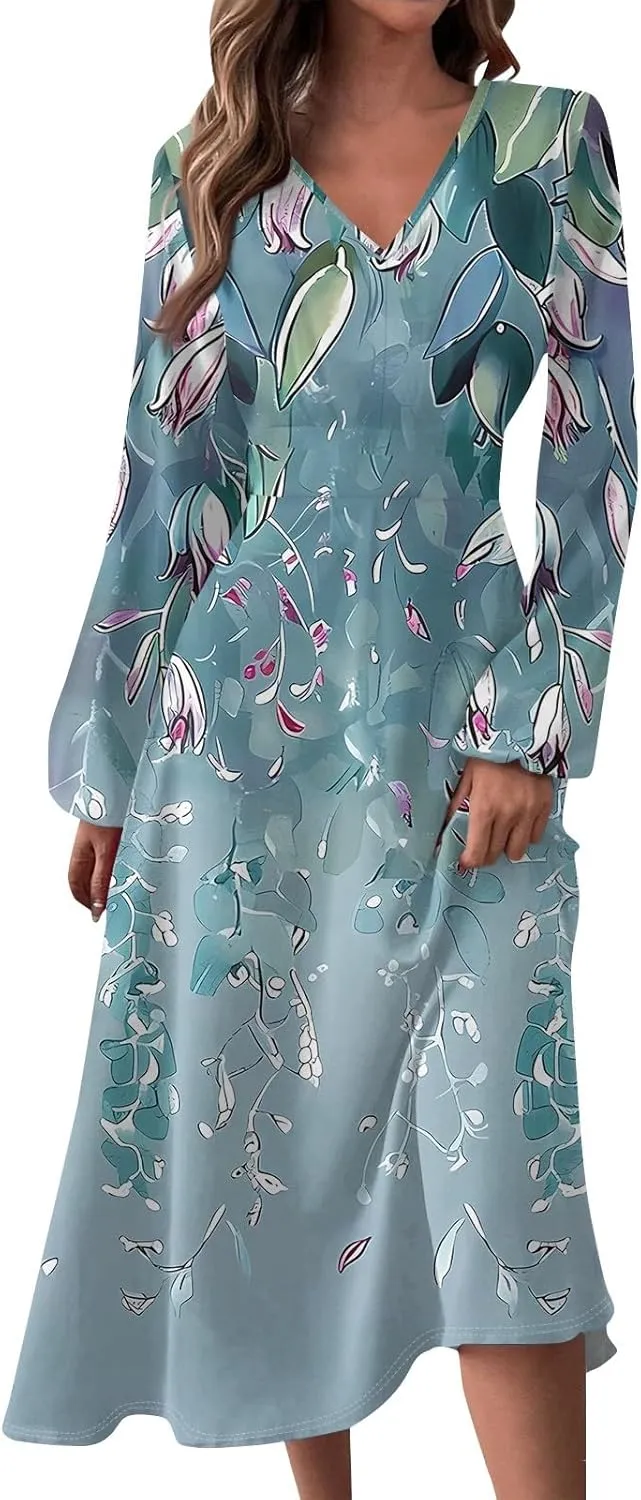 Spring Dresses for Women 2025 Long Sleeve Casual V Neck Loose Flowy Maxi Sundress Holiday A Line Dress Resort Wear