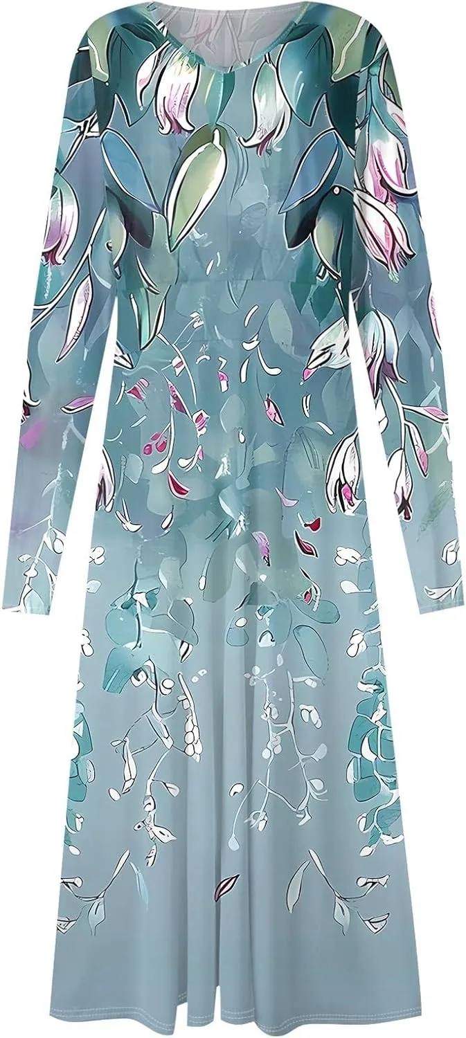 Spring Dresses for Women 2025 Long Sleeve Casual V Neck Loose Flowy Maxi Sundress Holiday A Line Dress Resort Wear