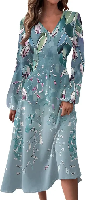 Spring Dresses for Women 2025 Long Sleeve Casual V Neck Loose Flowy Maxi Sundress Holiday A Line Dress Resort Wear