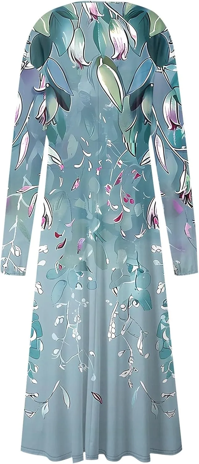 Spring Dresses for Women 2025 Long Sleeve Casual V Neck Loose Flowy Maxi Sundress Holiday A Line Dress Resort Wear