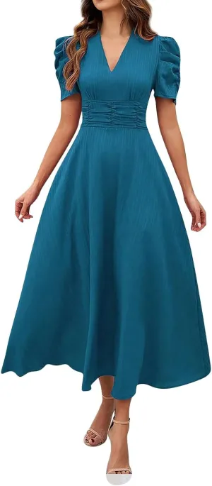 Summer Dresses for Women 2025 Trendy Plain Plisse Midi Dress Classy Puff Sleeve Empire Waist V Neck Swing Sundresses