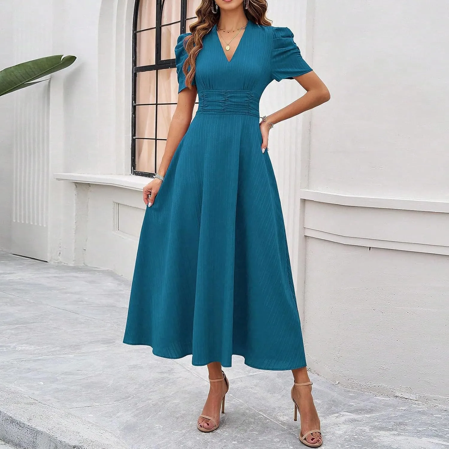 Summer Dresses for Women 2025 Trendy Plain Plisse Midi Dress Classy Puff Sleeve Empire Waist V Neck Swing Sundresses