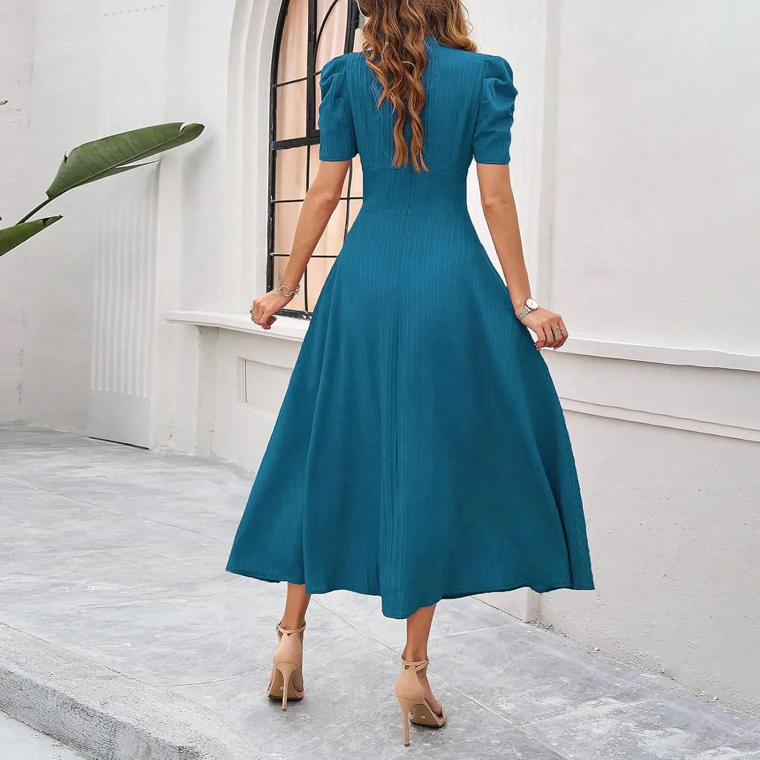 Summer Dresses for Women 2025 Trendy Plain Plisse Midi Dress Classy Puff Sleeve Empire Waist V Neck Swing Sundresses