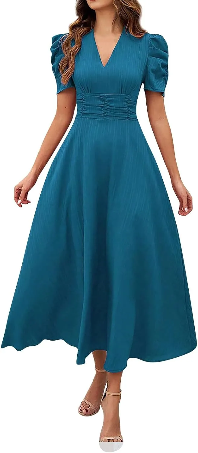 Summer Dresses for Women 2025 Trendy Plain Plisse Midi Dress Classy Puff Sleeve Empire Waist V Neck Swing Sundresses