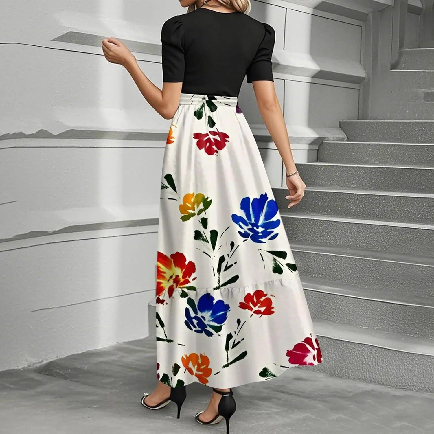Summer Dresses for Women Floral Print Tie Belted Short Sleeve Dress Patchwork Empire Waist Maxi Dress Flowy Dress