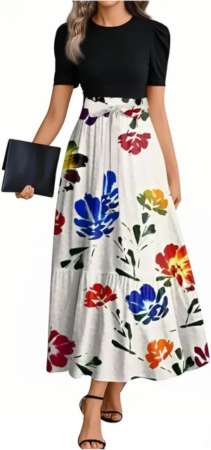 Summer Dresses for Women Floral Print Tie Belted Short Sleeve Dress Patchwork Empire Waist Maxi Dress Flowy Dress