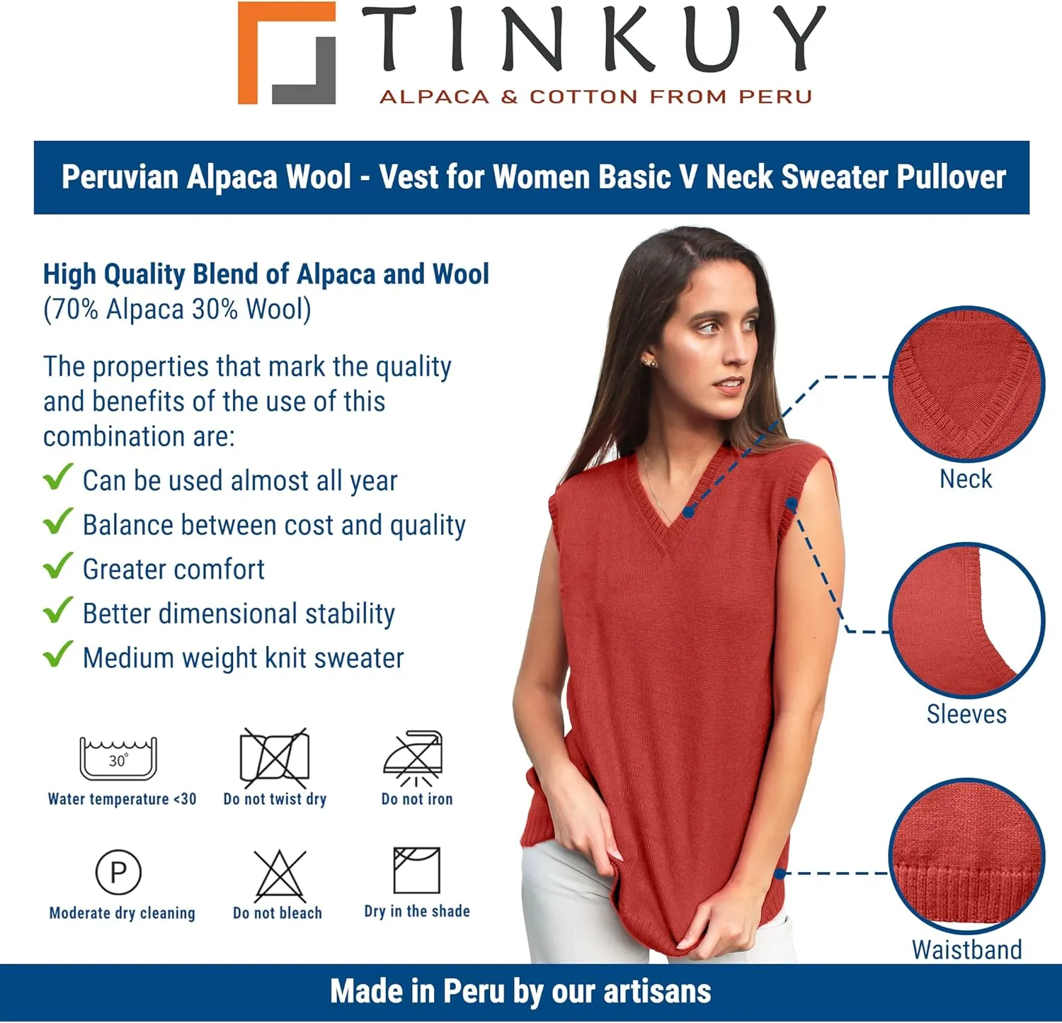 TINKUY Peru Womens Alpaca Wool V Neck Sweater Vest, S-4XL
