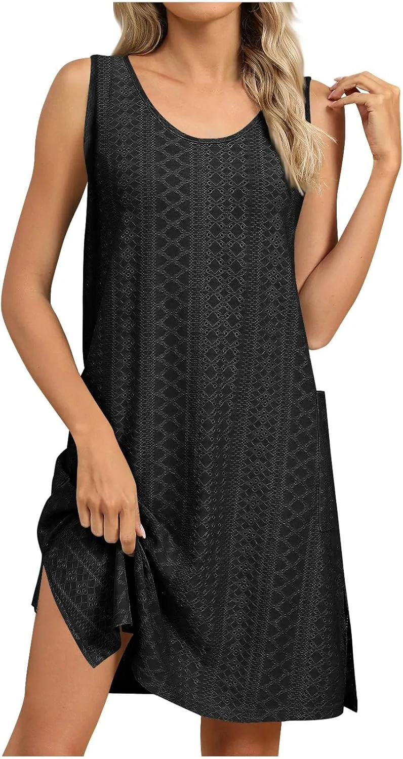 Vacation Dresses for Women Casual Scoop Neck Sleeveless Eyelet Side Split Sundress Summer Beach Cover Ups with Pockets
