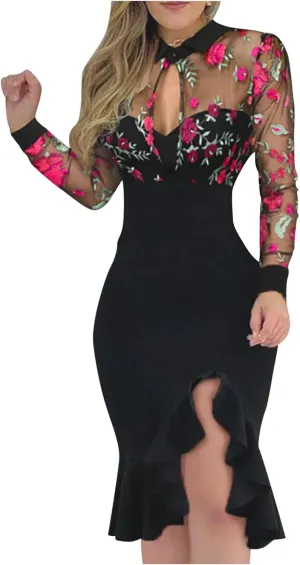Vestidos para Mujer Fiesta Moda Cuello Redondo Vestido de Malla Vestido de Encaje de Manga Larga