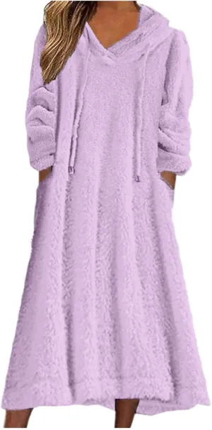 Women Fuzzy Fleece Hoodie Night Dress Casual Long Sleeve Hooded House Coat Sleepwear Flannel Nightgowns with Pockets