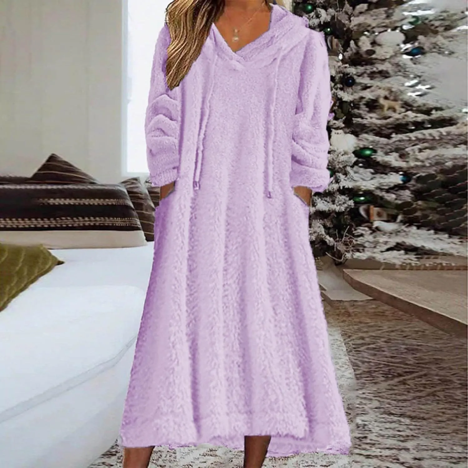Women Fuzzy Fleece Hoodie Night Dress Casual Long Sleeve Hooded House Coat Sleepwear Flannel Nightgowns with Pockets