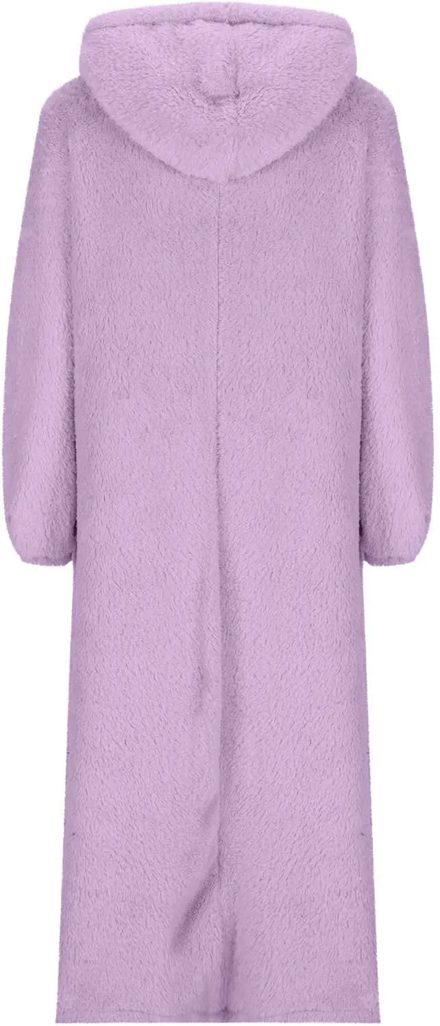 Women Fuzzy Fleece Hoodie Night Dress Casual Long Sleeve Hooded House Coat Sleepwear Flannel Nightgowns with Pockets