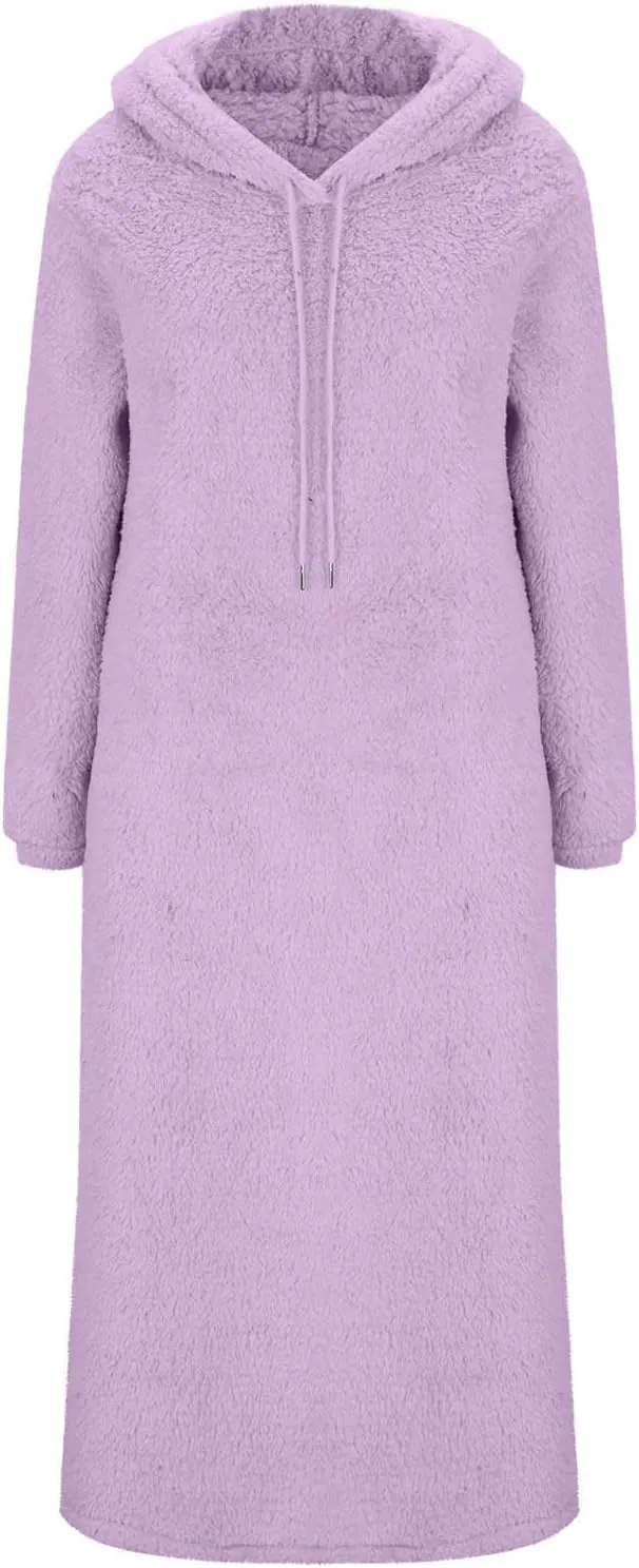 Women Fuzzy Fleece Hoodie Night Dress Casual Long Sleeve Hooded House Coat Sleepwear Flannel Nightgowns with Pockets