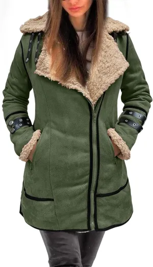Women Plus Size Winter Coat Lapel Collar Long Sleeve Padded Leather Jacket Vintage Thicken Flannel Shirt Jacket