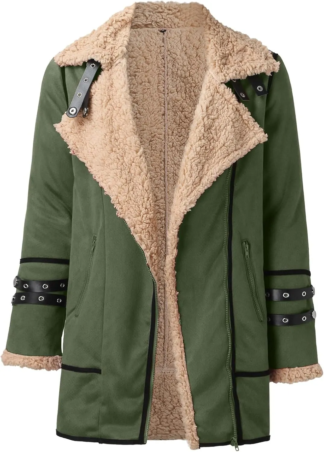 Women Plus Size Winter Coat Lapel Collar Long Sleeve Padded Leather Jacket Vintage Thicken Flannel Shirt Jacket