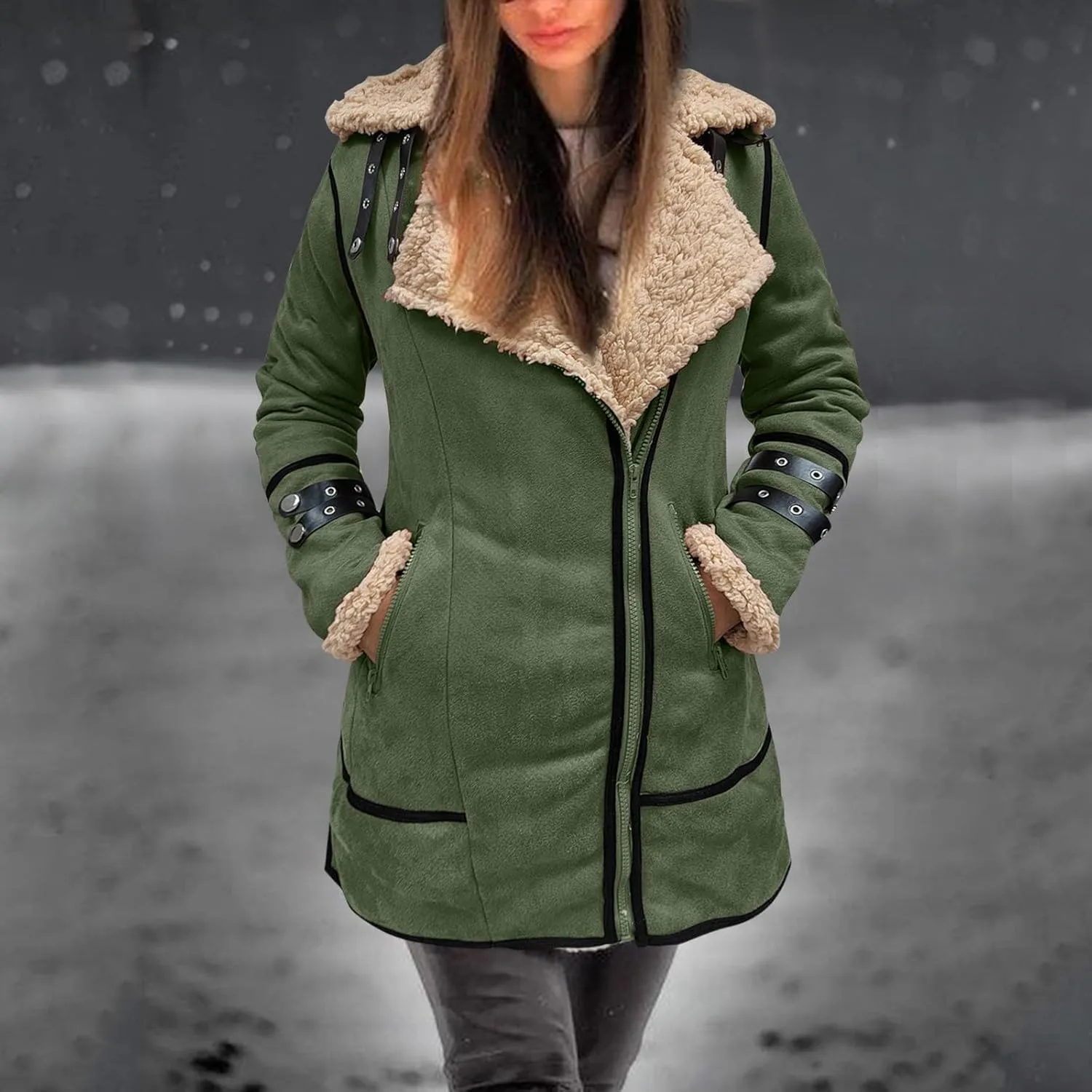 Women Plus Size Winter Coat Lapel Collar Long Sleeve Padded Leather Jacket Vintage Thicken Flannel Shirt Jacket