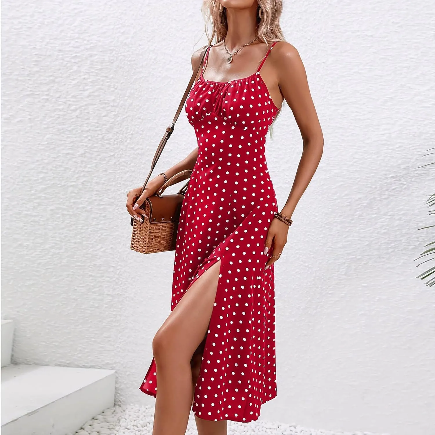 Women Polka Dot Spaghetti Strap Dresses Beach Vacation Sundresses 2024 Causal Slit Midi Dress Trendy Boutique Clothes