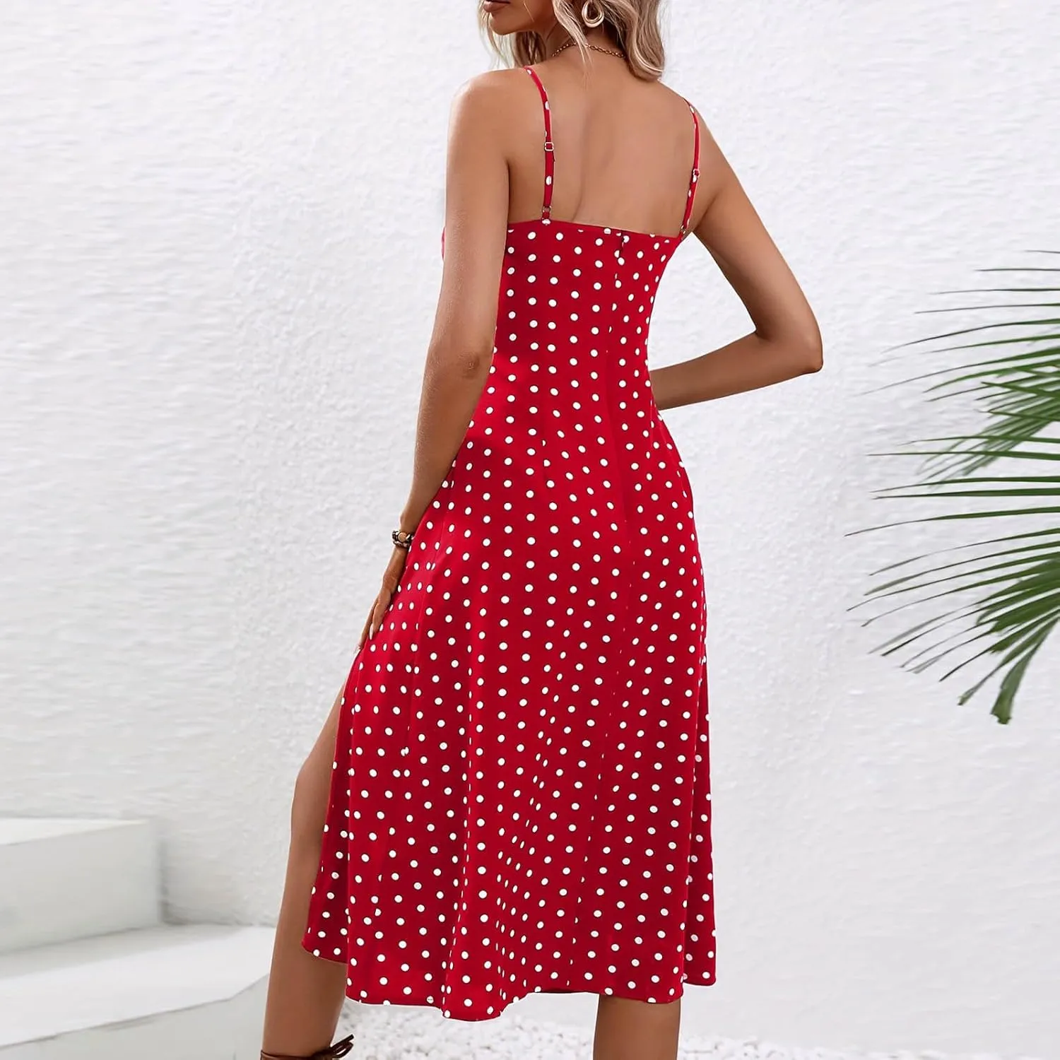 Women Polka Dot Spaghetti Strap Dresses Beach Vacation Sundresses 2024 Causal Slit Midi Dress Trendy Boutique Clothes
