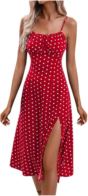 Women Polka Dot Spaghetti Strap Dresses Beach Vacation Sundresses 2024 Causal Slit Midi Dress Trendy Boutique Clothes