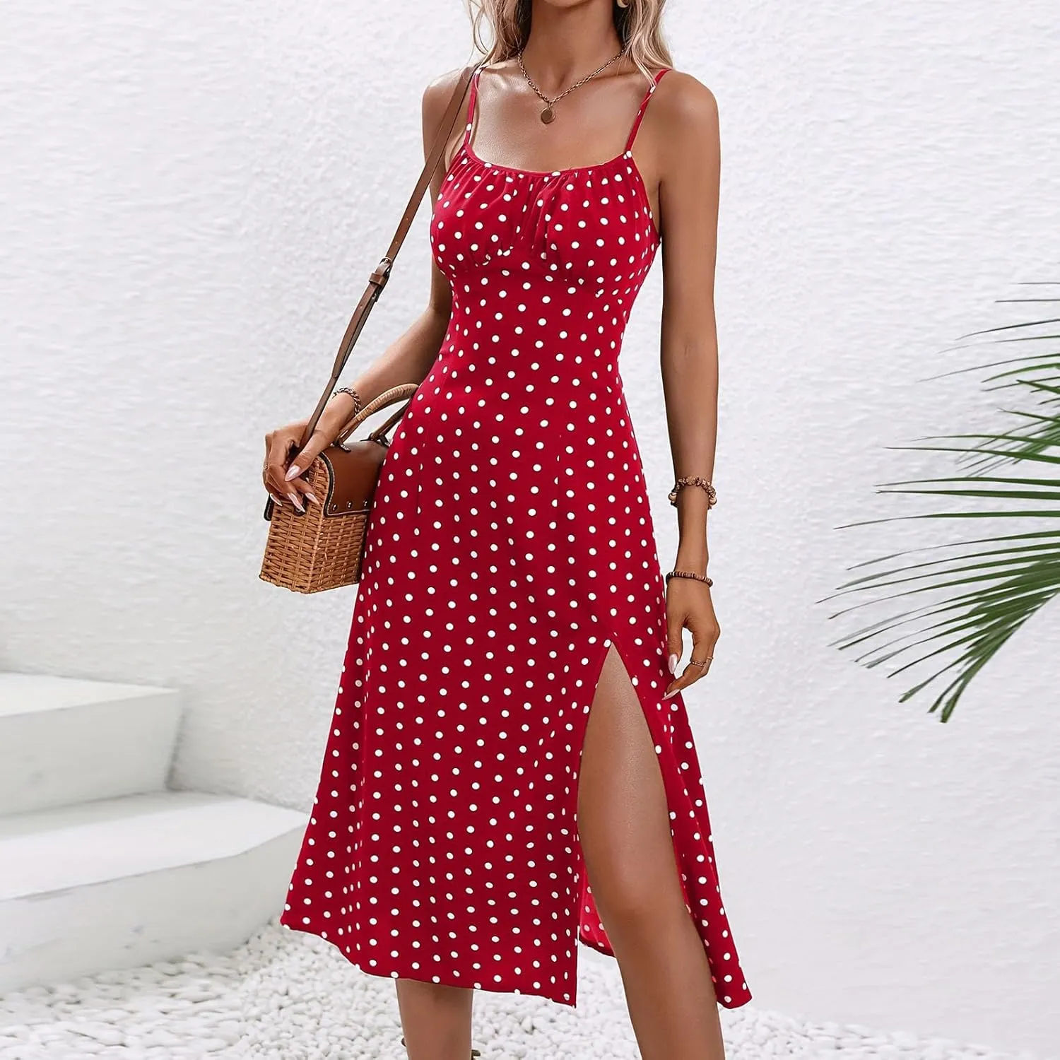 Women Polka Dot Spaghetti Strap Dresses Beach Vacation Sundresses 2024 Causal Slit Midi Dress Trendy Boutique Clothes
