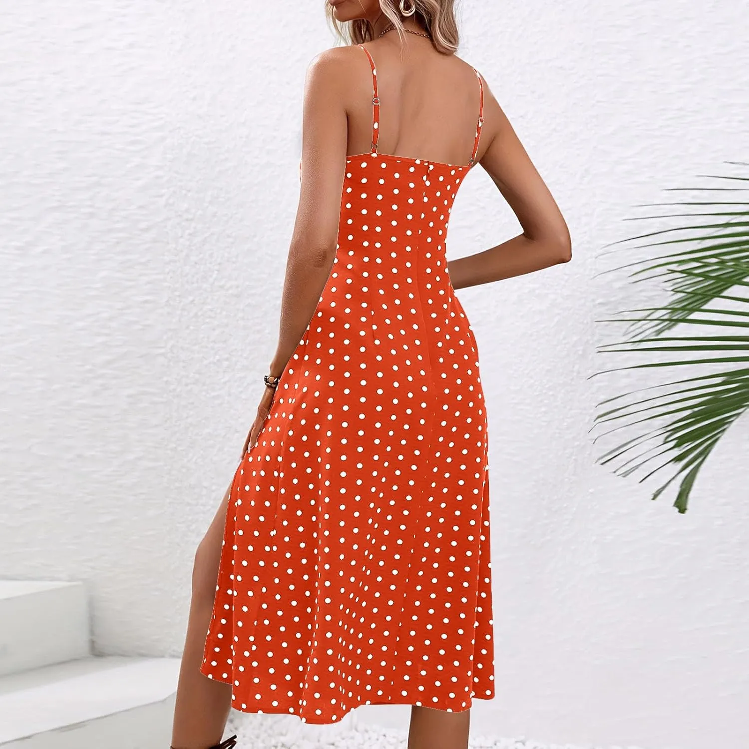Women Polka Dot Spaghetti Strap Dresses Beach Vacation Sundresses 2024 Causal Slit Midi Dress Trendy Boutique Clothes