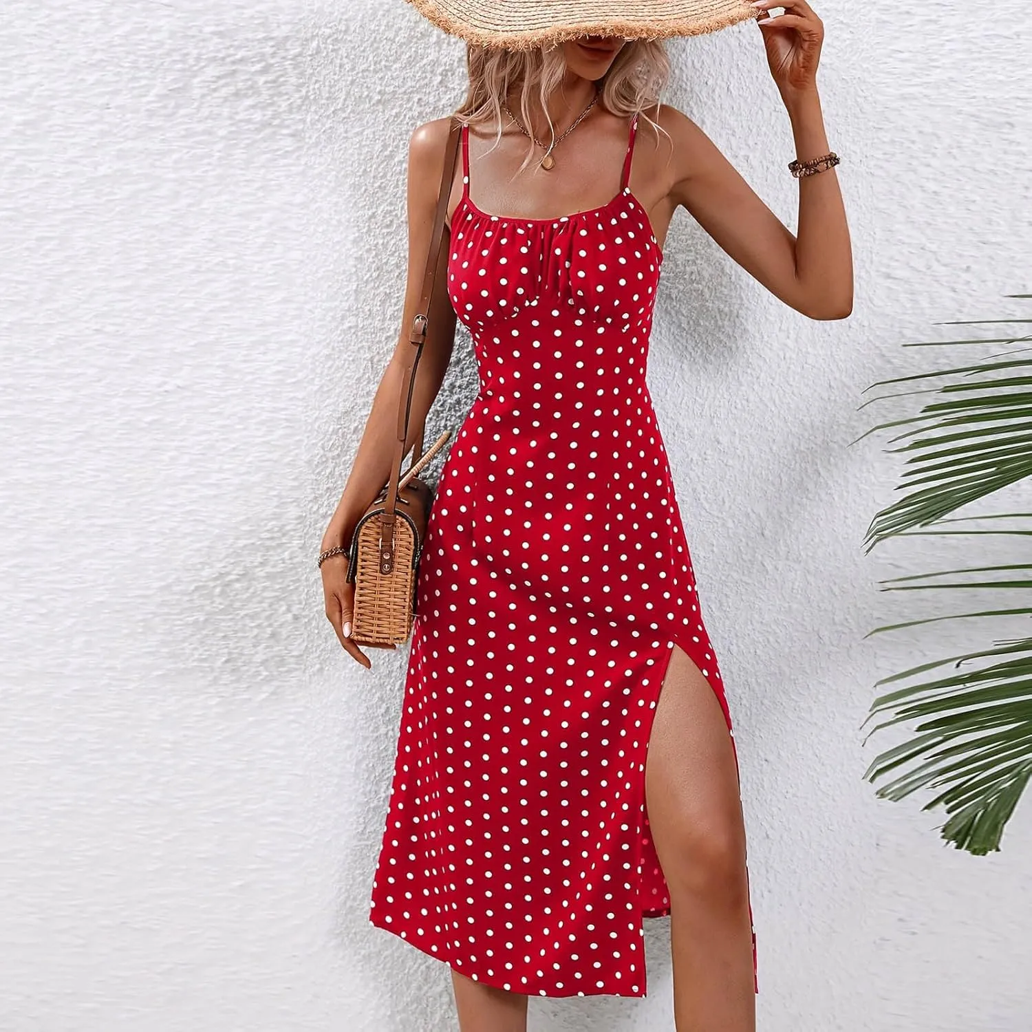 Women Polka Dot Spaghetti Strap Dresses Beach Vacation Sundresses 2024 Causal Slit Midi Dress Trendy Boutique Clothes