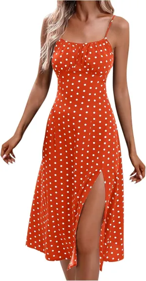 Women Polka Dot Spaghetti Strap Dresses Beach Vacation Sundresses 2024 Causal Slit Midi Dress Trendy Boutique Clothes