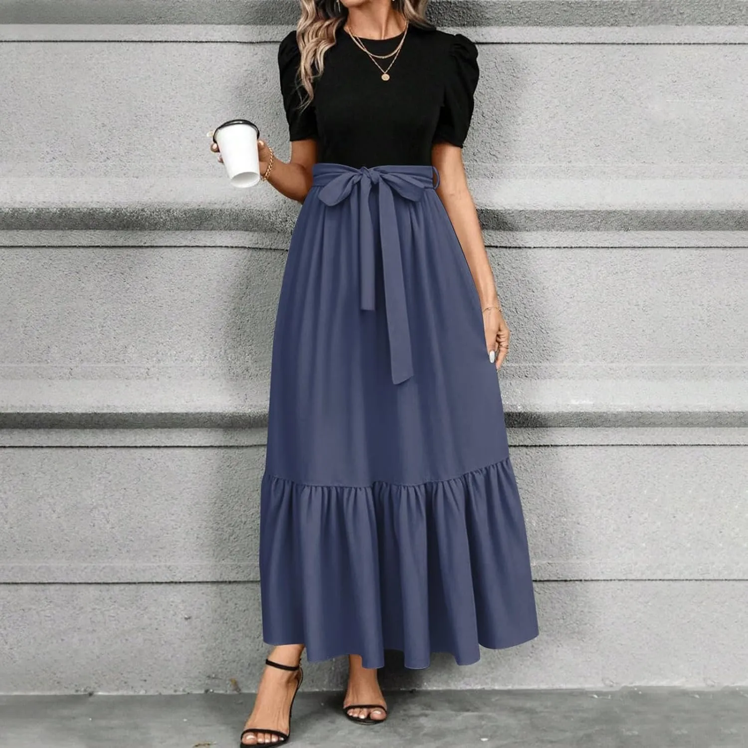 Women's Boho Dresses 2025 Crew Neck Long Sleeve High Waist Smocked Teacher Church Modest Midi Dress, S-2Xl