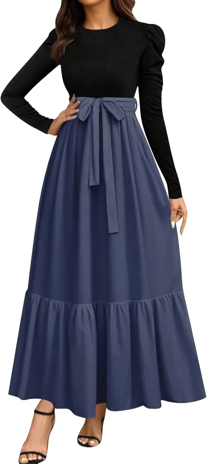 Women's Boho Dresses 2025 Crew Neck Long Sleeve High Waist Smocked Teacher Church Modest Midi Dress, S-2Xl