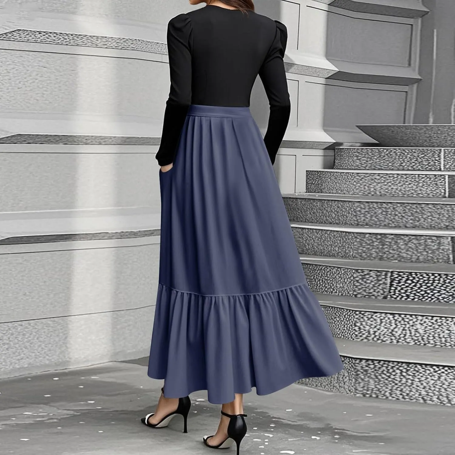 Women's Boho Dresses 2025 Crew Neck Long Sleeve High Waist Smocked Teacher Church Modest Midi Dress, S-2Xl