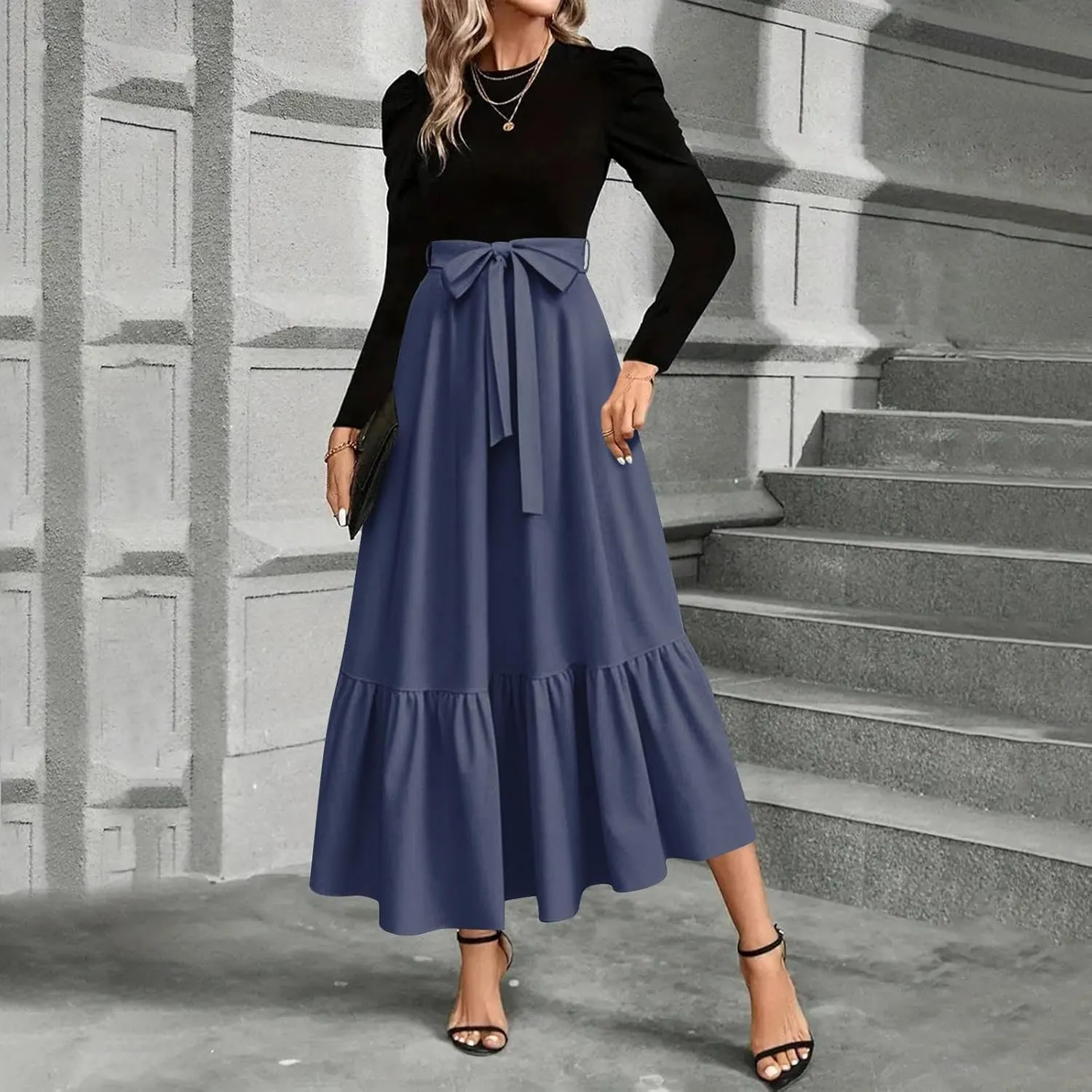 Women's Boho Dresses 2025 Crew Neck Long Sleeve High Waist Smocked Teacher Church Modest Midi Dress, S-2Xl