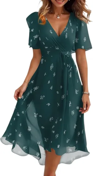 Womens Boho Floral Printed Chiffon Dresses 2025 Elegant V-Neck Belted Summer Wedding Prom Cocktail Midi Dress